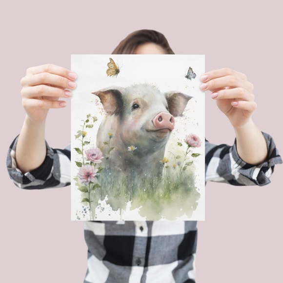 Watercolor Cute Floral Farm Pig Wall Art Illustration Print Poster Unframed - Picture 5 of 7